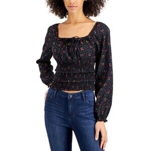 PLANET GOLD Juniors' Square-Neck Smocked Top, black shirt, women too long sleeve